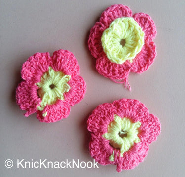 Pink And Yellow Crochet Flower Appliqué x 3 - 200317A115E